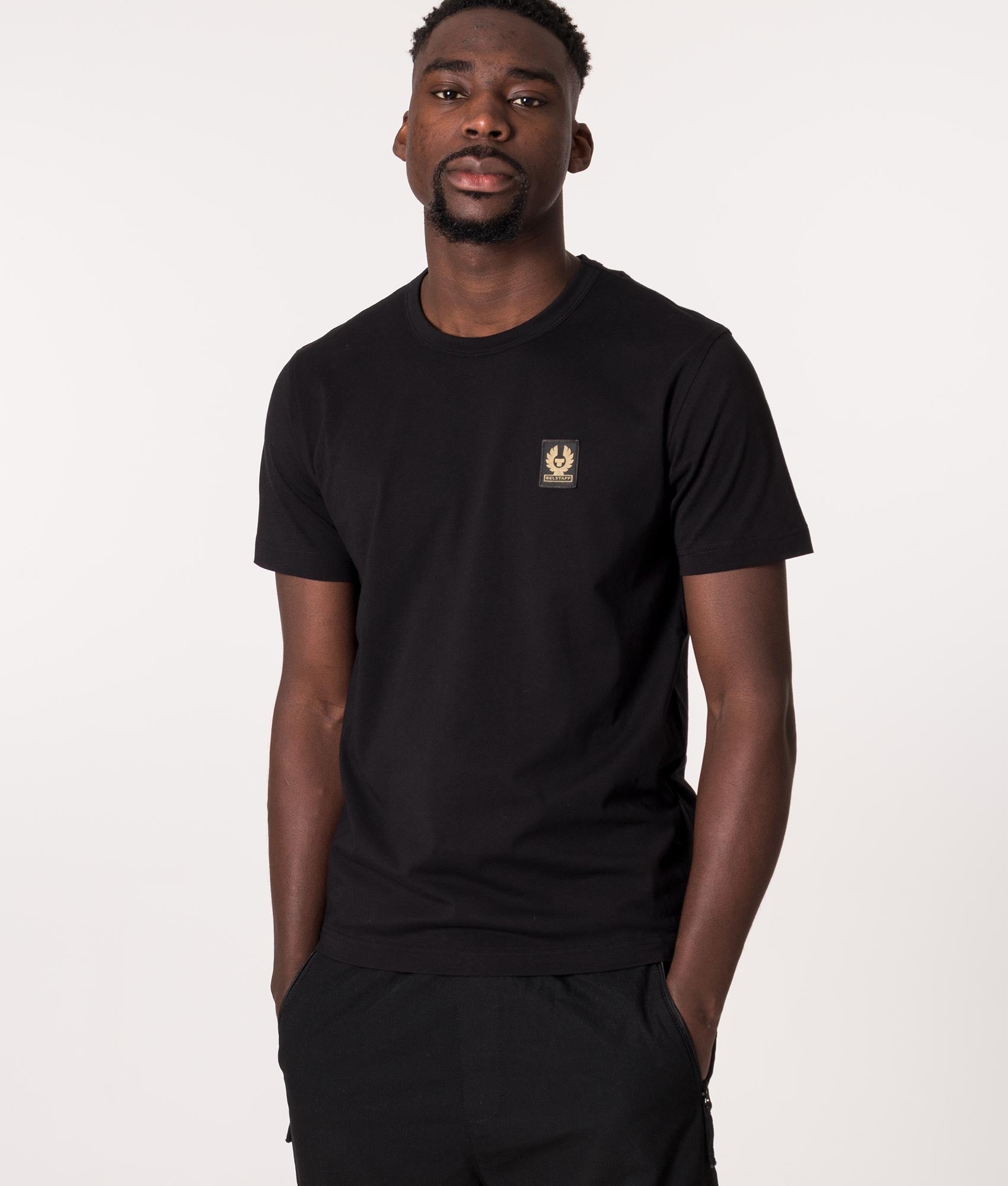 Belstaff T-Shirt in Black at EQVVS Menswear. Model front shot.