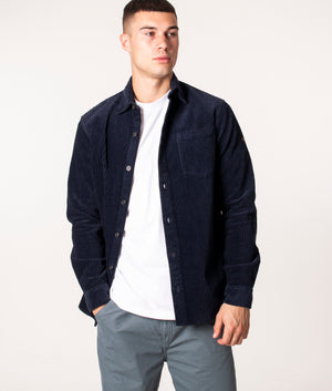 Paul & Shark Garment Dyed Corduroy Overshirt in 050 Blue at EQVVS. Model front