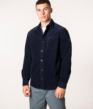 Paul & Shark Garment Dyed Corduroy Overshirt in 050 Blue at EQVVS. Model front 2
