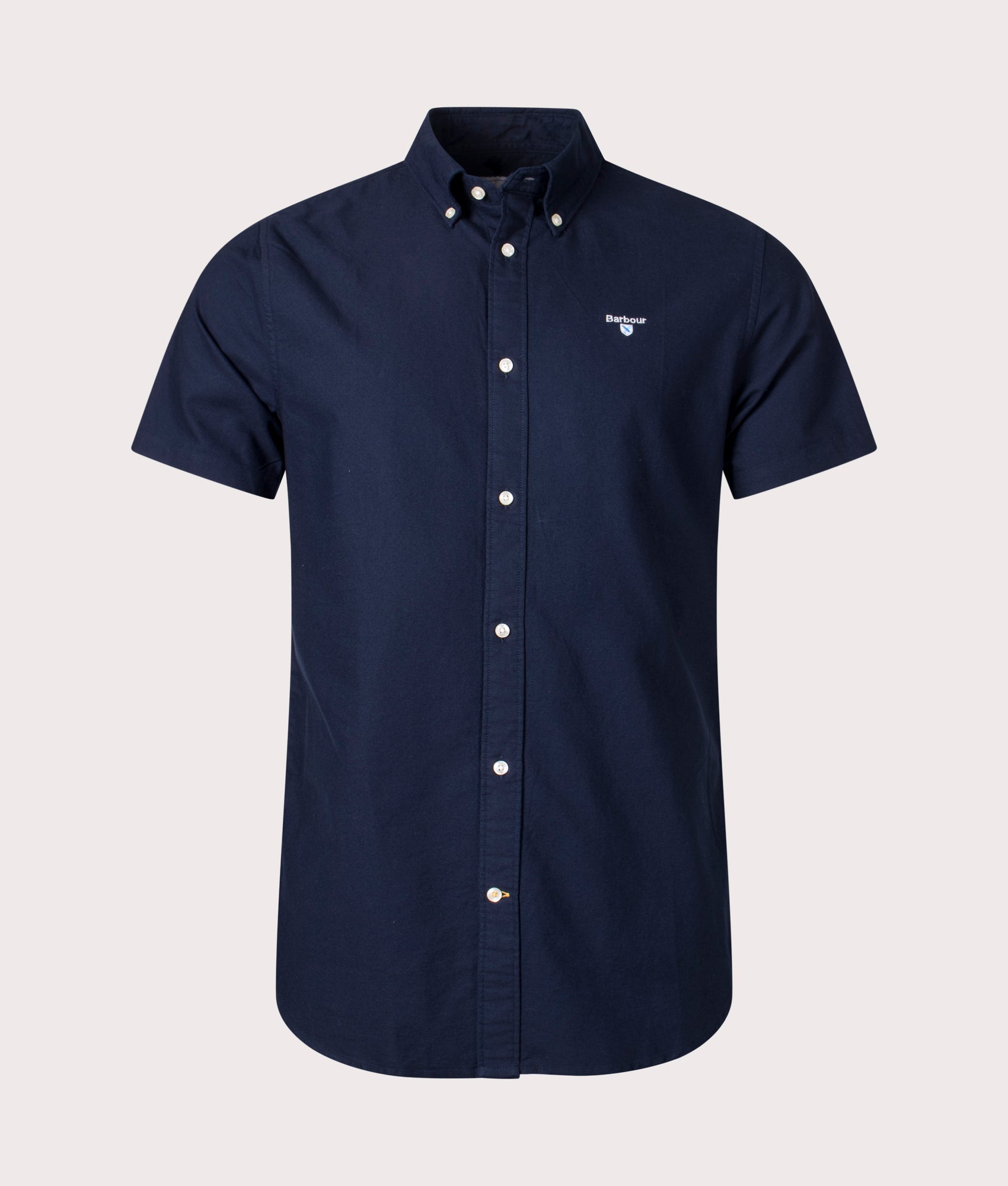 Barbour Lifestyle Tailored Fit Short Sleeve Oxtown Shirt in Navy at EQVVS Menswear. Front shot.