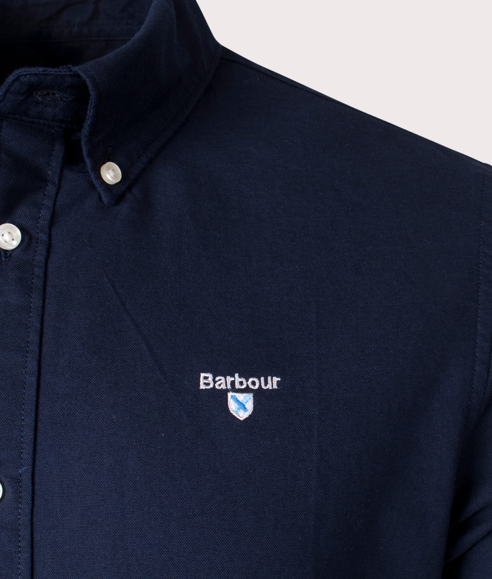 Barbour Lifestyle Tailored Fit Short Sleeve Oxtown Shirt in Navy at EQVVS Menswear. Detail shot.