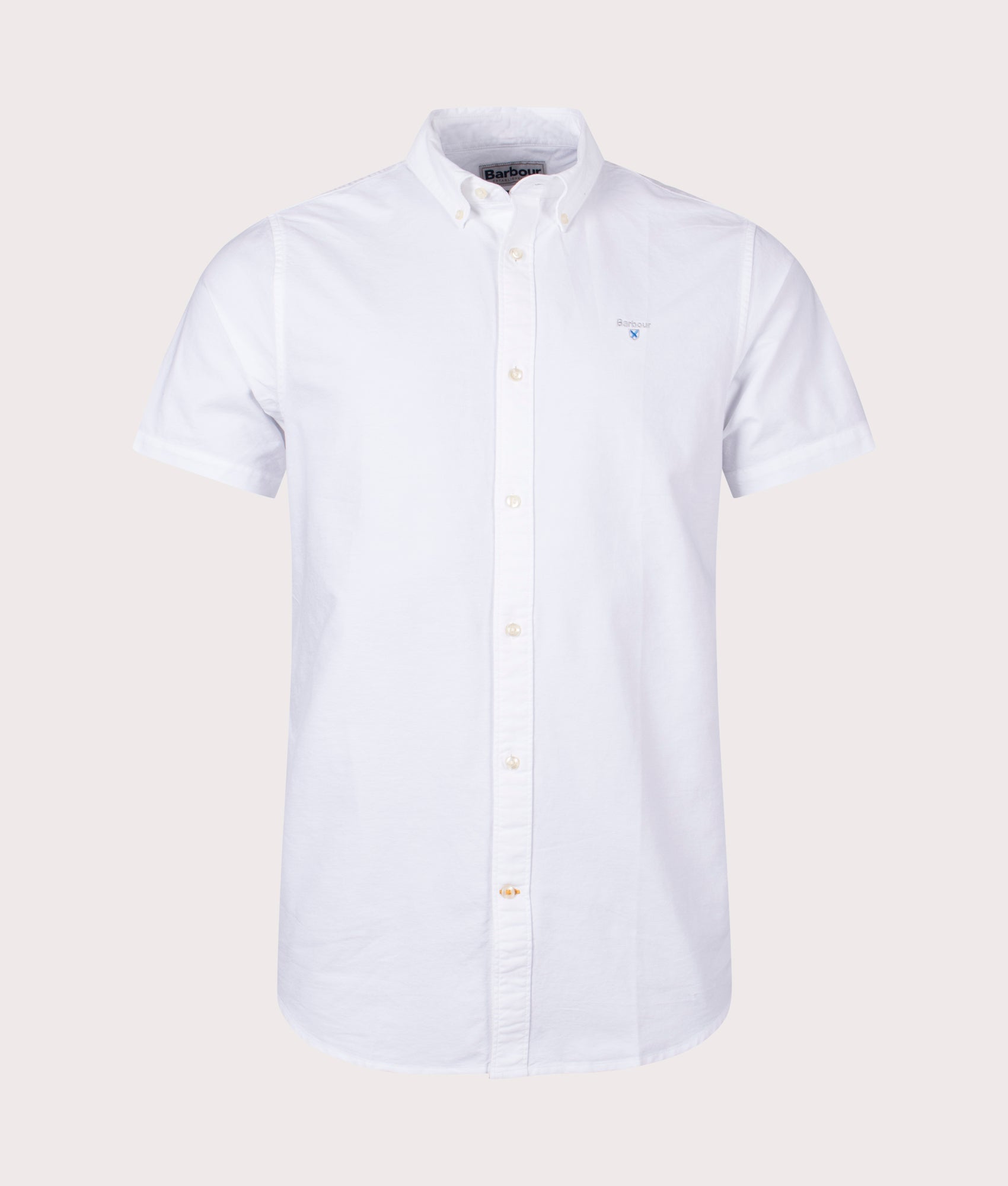 Barbour Lifestyle Tailored Fit Short Sleeve Oxtown Shirt in White at EQVVS Menswear. Front shot.