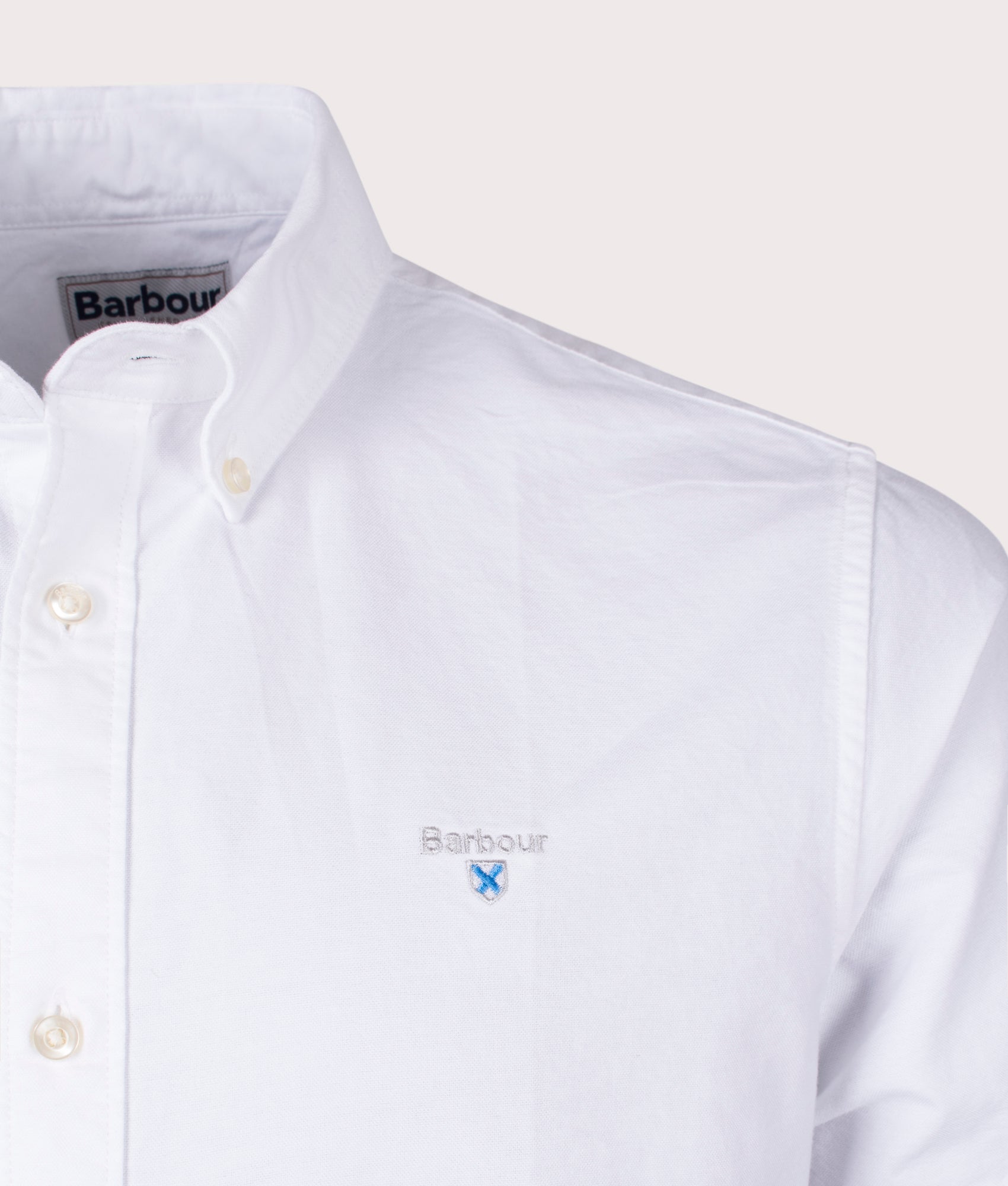 Barbour Lifestyle Tailored Fit Short Sleeve Oxtown Shirt in White at EQVVS Menswear. Detail shot.