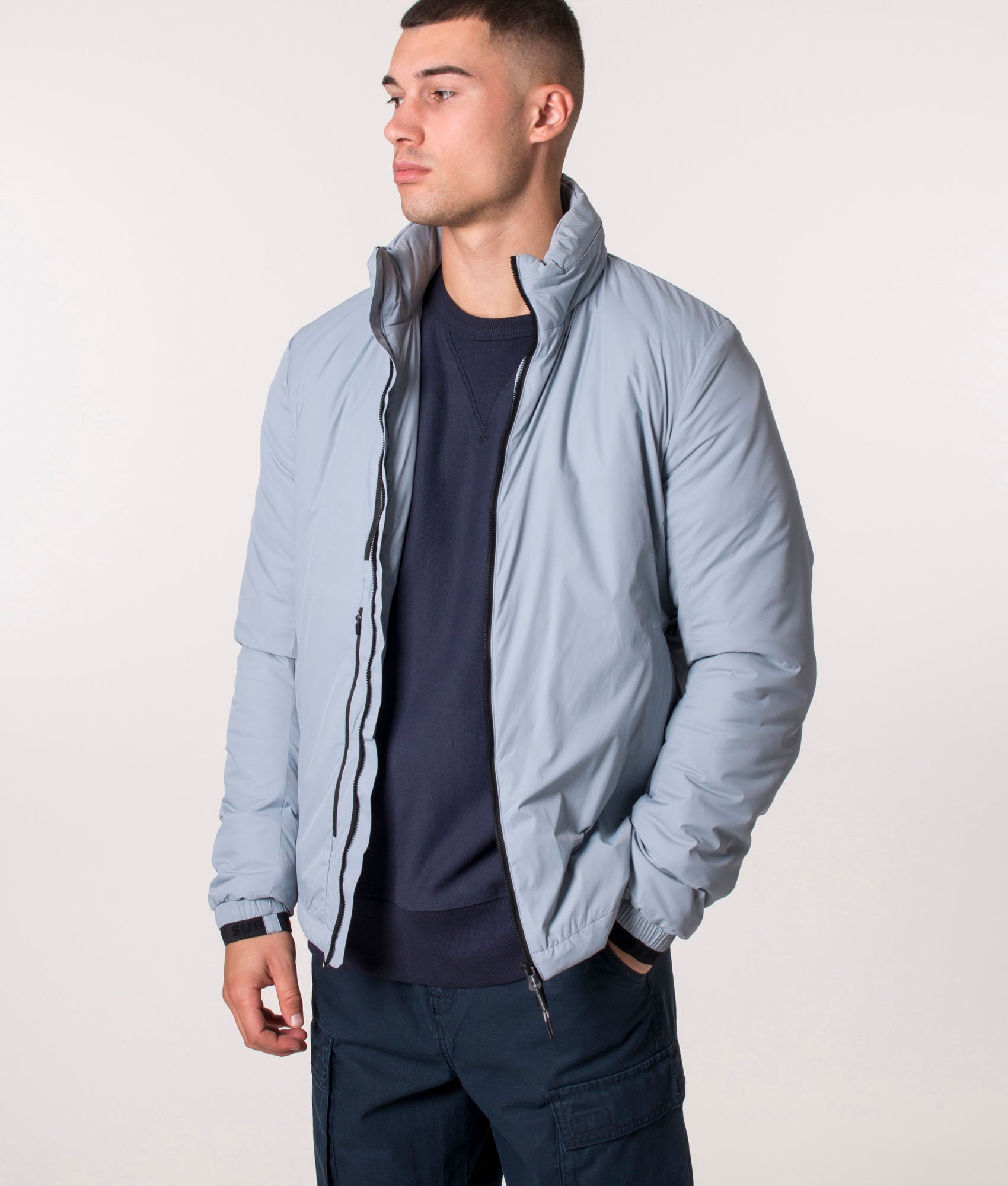KRAKATAU NM39 PENROSE Insulated Jacket in Light Blue. EQVVS. Model, front. 