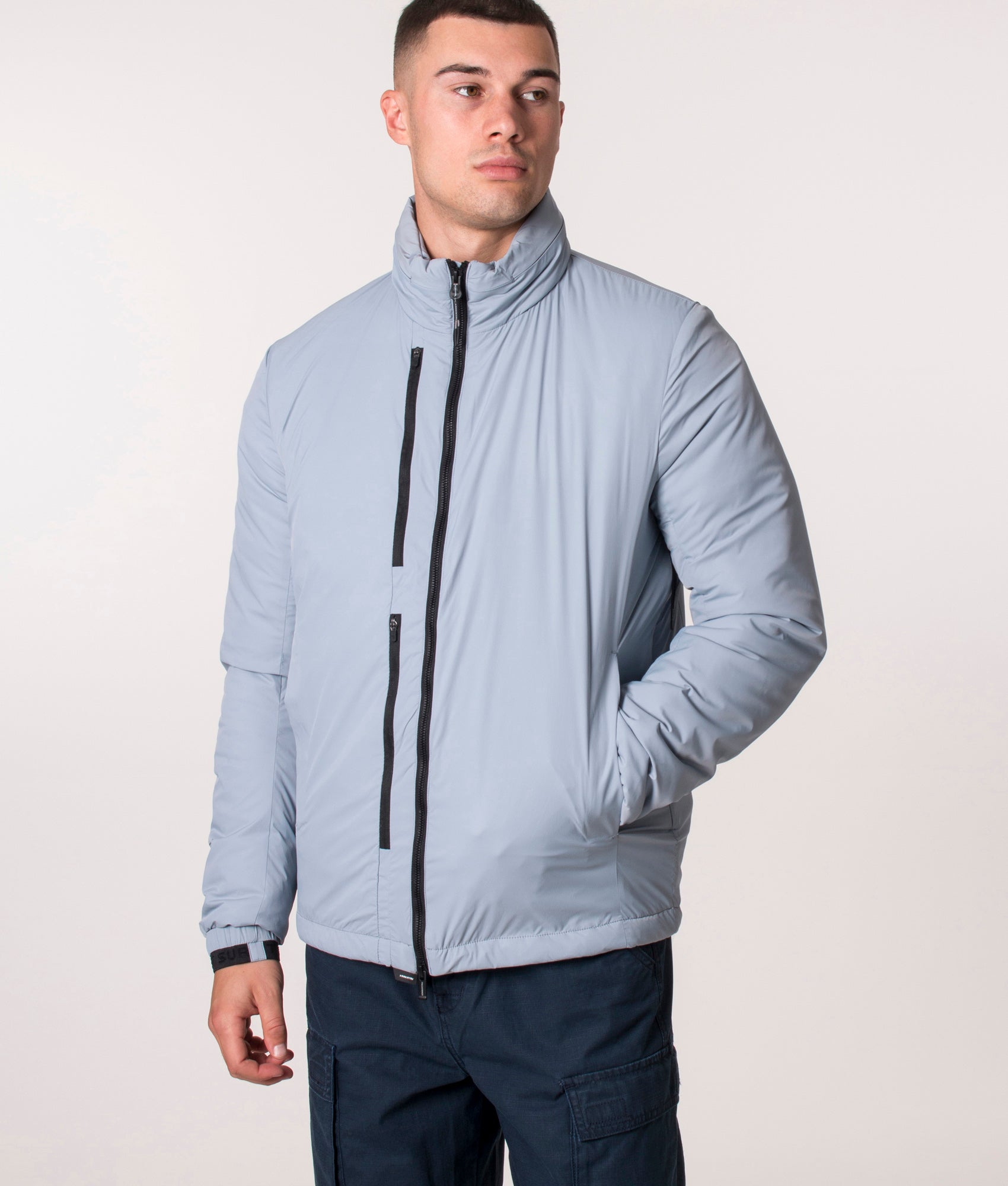 KRAKATAU NM39 PENROSE Insulated Jacket in Light Blue. EQVVS. Model, front