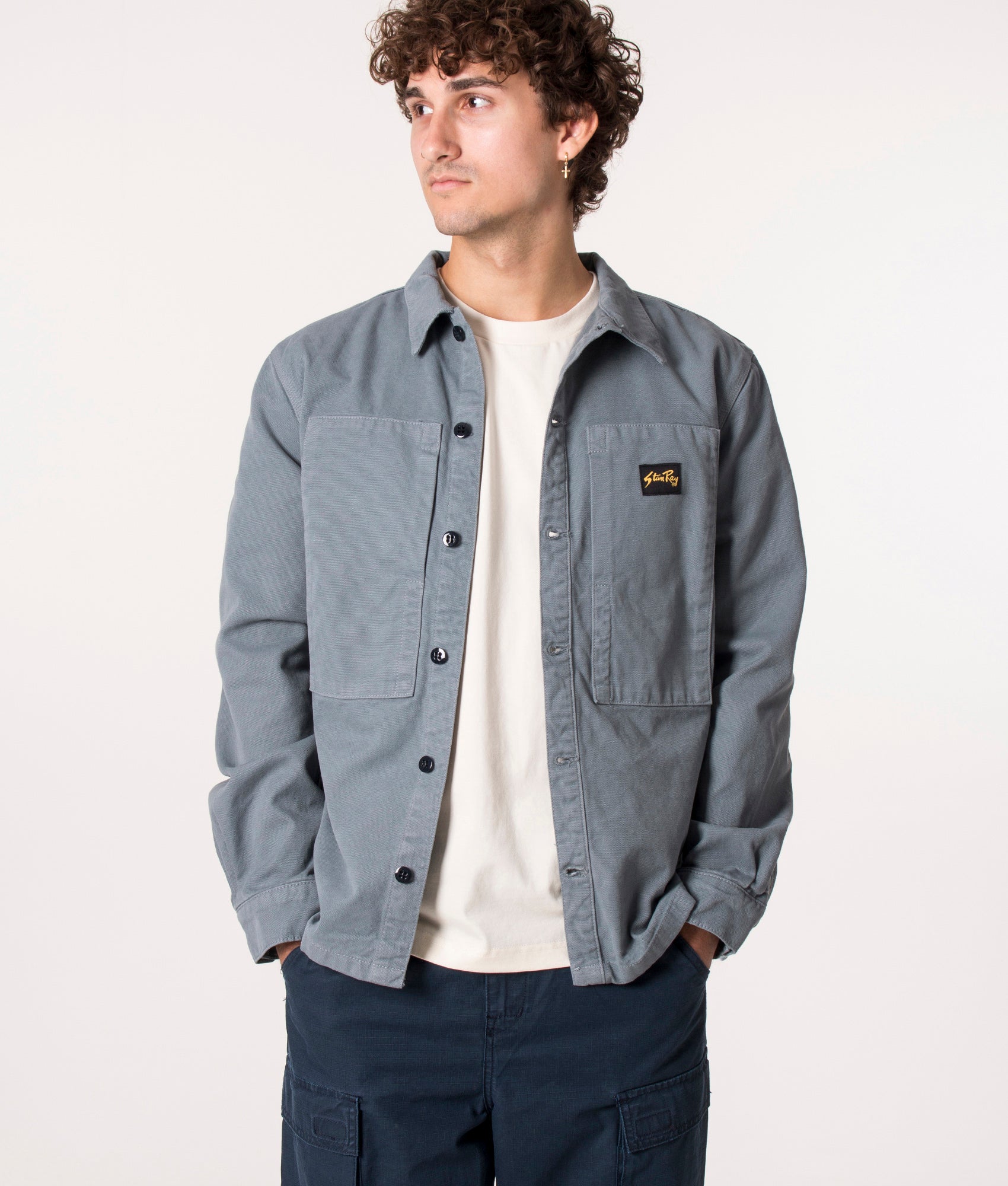 Stan Ray Prison Overshirt in Battle Grey at EQVVS. Model front 