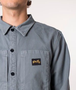 Stan Ray Prison Overshirt in Battle Grey at EQVVS. Model detail