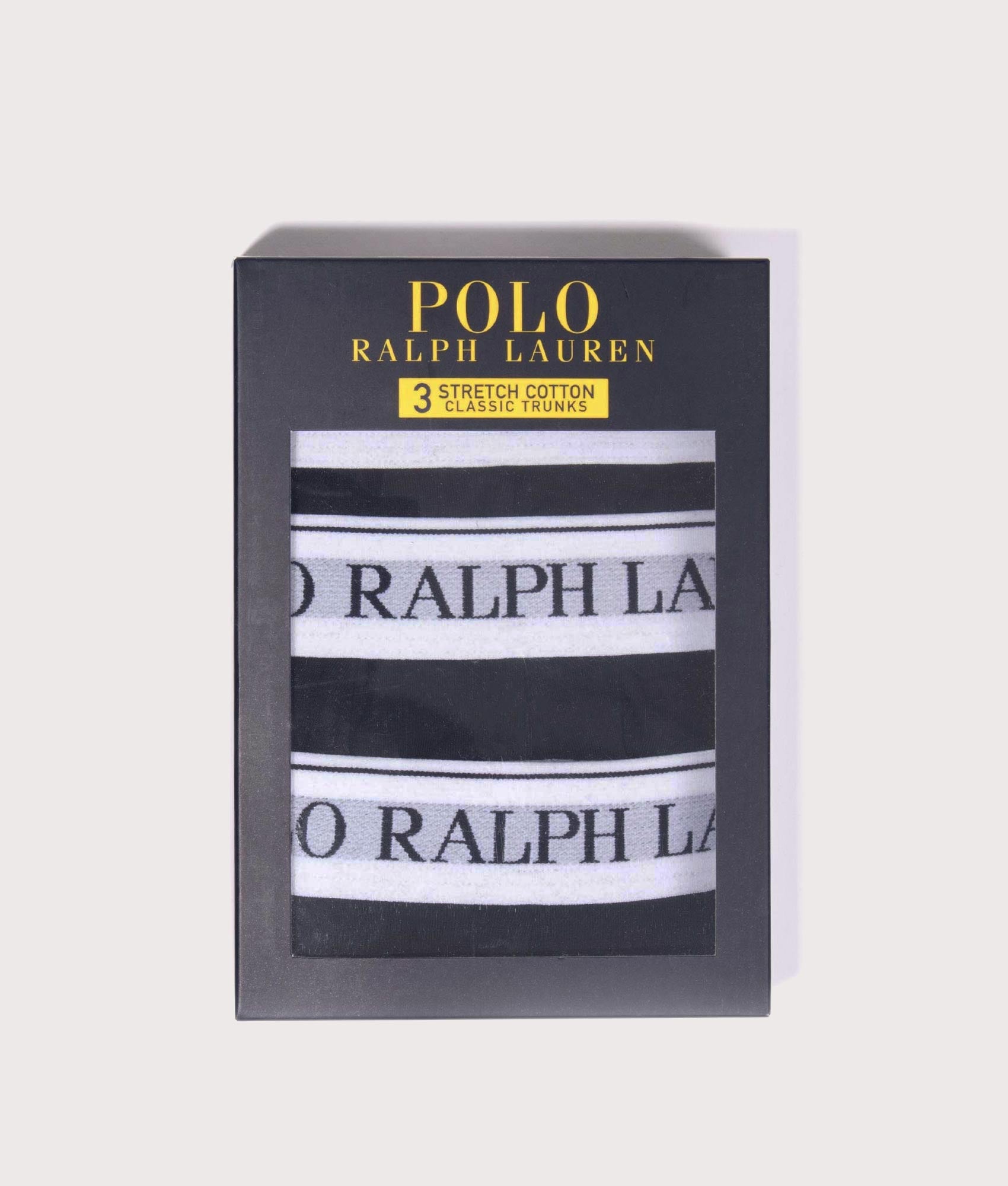 Polo Ralph Lauren Three Pack Classic Stretch Cotton Trunks in Multi, Black and White at EQVVS Menswear. Packaging shot. 